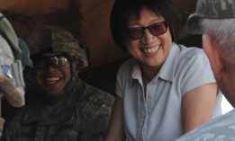 Heidi Shyu, the assistant secretary of the Army for Acquisition, Logistics and Technology, shares some laughs with the Soldiers of 4th Battalion, 27th Field Artillery Regiment, 2nd Brigade Combat Team, 1st Armored Division, during Network Integration Evaluation 15.2 on May 13.