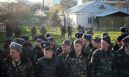 The Ukrainian soldiers and officers of the Ukrainian Belbek Airbase, which was seized by Russian special forces on March 22, 2014 near Belbek, Crimea.