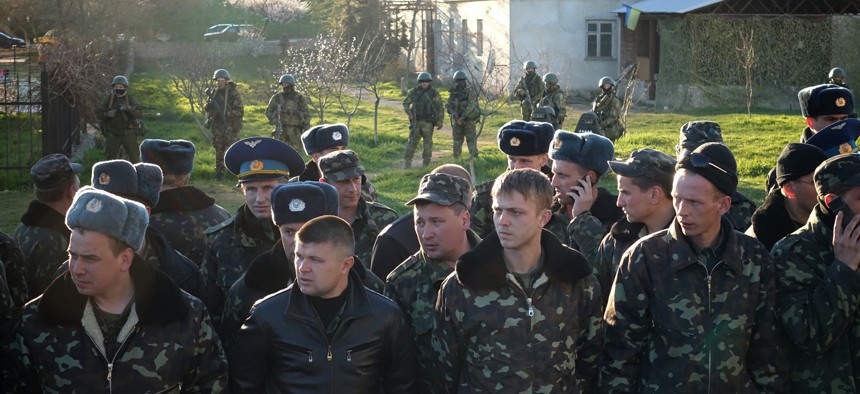 The Ukrainian soldiers and officers of the Ukrainian Belbek Airbase, which was seized by Russian special forces on March 22, 2014 near Belbek, Crimea.