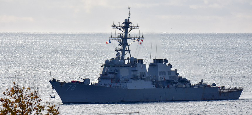 The USS Porter, an Arleigh Burke-class destroyer, arrives at the Old Port of Marseille in France, Dec. 5, 2021. 