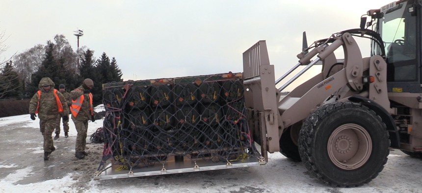 Light, anti-armor, defensive weapon systems, supplied by the United Kingdom, arrive in Kyiv, Ukraine, on Jan. 18, 2022. 