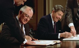 U.S. President Ronald Reagan and Soviet leader Mikhail Gorbachev signing the arms control agreement banning the use of intermediate-range nuclear missiles, the Intermediate Nuclear Forces Reduction Treaty, Washington DC, December 8, 1987.