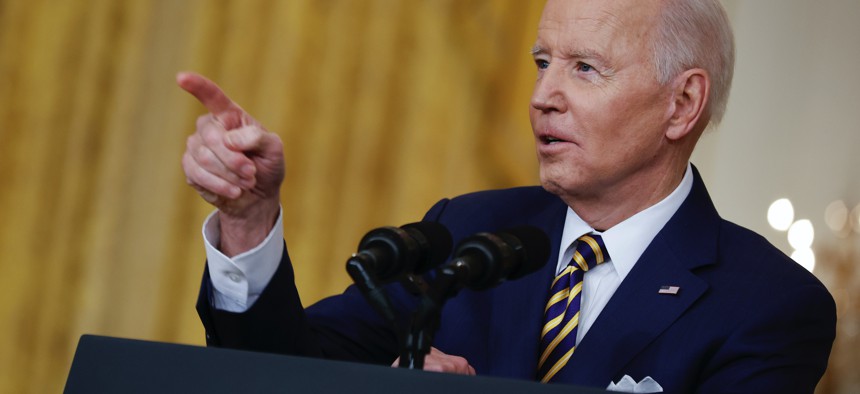 U.S. President Joe Biden answers questions during a news conference in the East Room of the White House on January 19, 2022.