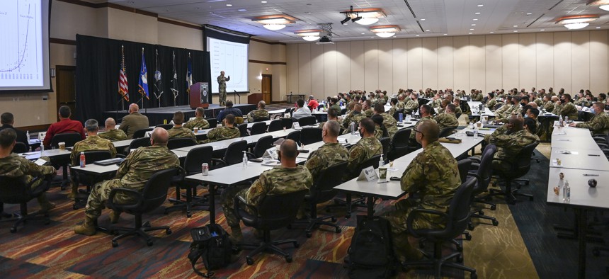 Air Force Vice Chief of Staff Gen David W. Allvin speaks to Air Force Recruiting Service leaders during a Senior Leadership Summit at the National Conference Center, September 1, 2021, in Leesburg, Virginia.