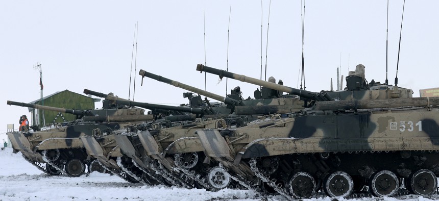 BMP-3 infantry fighting vehicles of the Russian Southern Military District's 150th Rifle Division take part in a military exercise at Kadamovsky Range, in the Rostov region of Russia, near Ukraine, Jan. 27, 2022. 