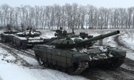 T-72B3 tanks of the Russian Southern Military District's 150th Rifle Division take part in a military exercise at Kadamovsky Range in Russia's Rostov region on Ukraine's border on Jan. 27, 2022.