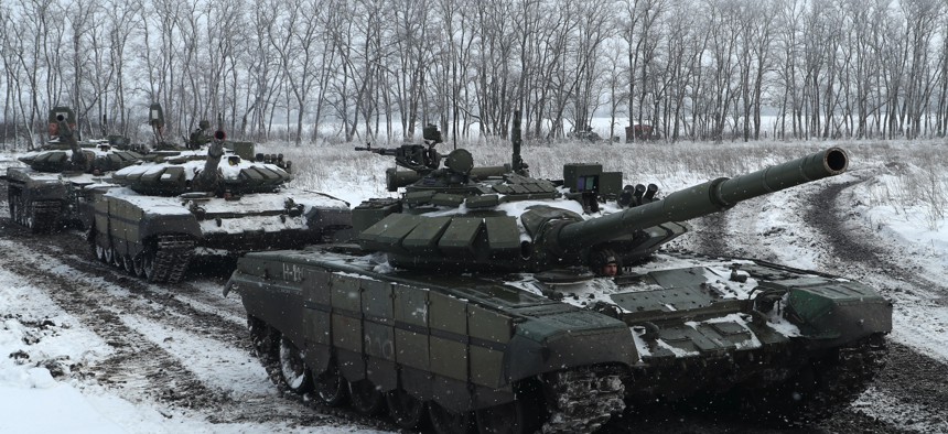 T-72B3 tanks of the Russian Southern Military District's 150th Rifle Division take part in a military exercise at Kadamovsky Range in Russia's Rostov region on Ukraine's border on Jan. 27, 2022.