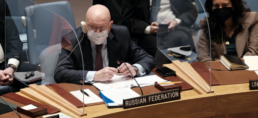Russia's ambassador to the United Nations, Vasily Nebenzya, attends a United Nations Security Council meeting to discuss the situation between Russia and Ukraine, Jan. 31, 2022, in New York City.