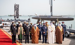 His Royal Highness Prince Salman bin Hamad Al-Khalifa, Crown Prince, Deputy Supreme Commander and Prime Minister of Bahrain, front center; Vice Adm. Brad Cooper, commander of U.S. Naval Forces Central Command, U.S. 5th Fleet and Combined Maritime Forces, left of previous; and Maggie Nardi, charge d’affaires, U.S. Embassy to Bahrain, left of previous, pose for a photo with U.S. and Bahrain officials at Naval Support Activity (NSA) Bahrain, Jan. 31.