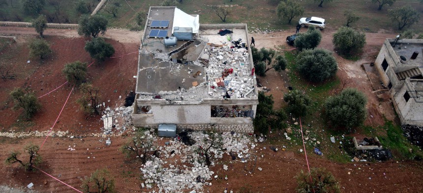 An aerial view of the house in which the leader of Islamic State group Abu Ibrahim al-Hashimi al-Qurashi died, during a raid by US special forces, in Syria's northwestern province of Idlib, on February 4, 2022.