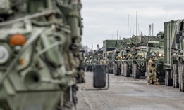 Military vehicles of the U.S. Army stand on the grounds of the Grafenwoehr military training area on Feb 9, 2022.