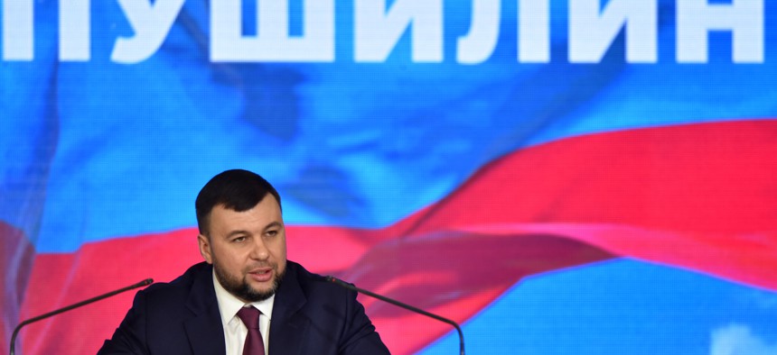 DONETSK, UKRAINE - FEBRUARY 11, 2022: Denis Pushilin, head of the Donetsk People's Republic (DPR), holds a briefing on the situation in the republic. Pushilin and other Russian backed officials in the region have been making escalatory false claims 