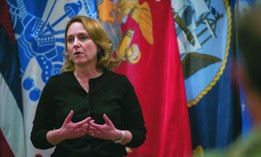 Deputy Secretary of Defense Kathleen Hicks speaks to troops at the U.S. Indo-Pacific Command headquarters.