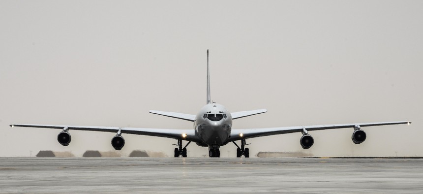 An E-8C Joint Surveillance Target Attack Radar System taxis down the runway after completing a mission June 7, 2016, at Al Udeid Air Base, Qatar.