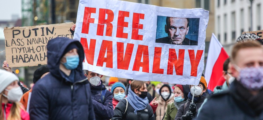 In this January 2021 photo, protesters march in support of jailed Russian dissident Alexei Navalny in Berlin, Germany.