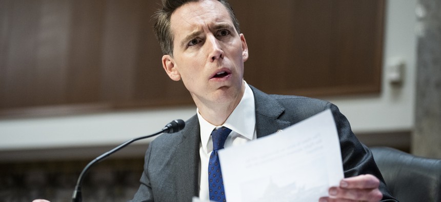 Sen. Josh Hawley, R-Mo., attends a Senate Armed Services Committee hearing on pending nominations in Dirksen Building on Feb. 17, 2022.