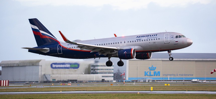 An A320 airliner owned by Russian airline Aeroflot lands at Amsterdam Schiphol Airport in January 2022. On Feb. 27, 2022, the European Union closed its airspace to Russian aircraft in response to Moscow's war on Ukraine.