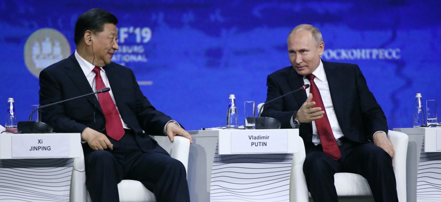 Chinese President Xi Jinping and Russian President Vladimir Putin in Saint Petersburg, Russia, June 7, 2019.