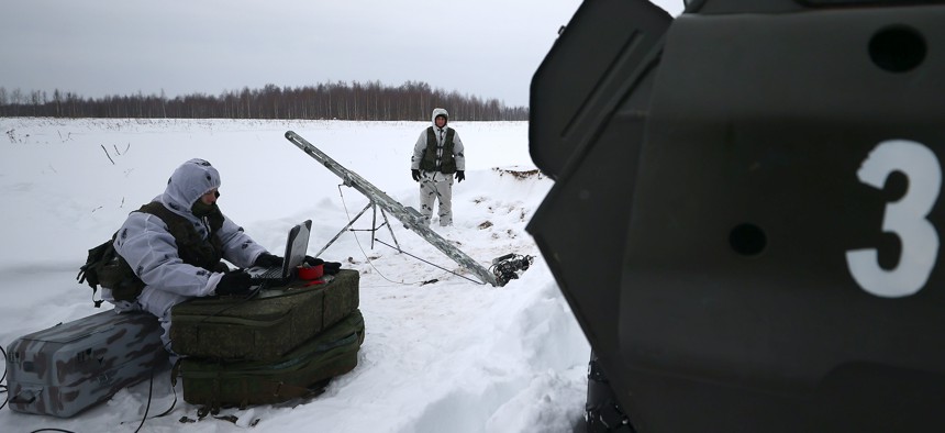 Russian troops use an Eleron-3 reconnaissance and surveillance UAV during combat patrol and anti-sabotage drills, Jan. 28, 2022.