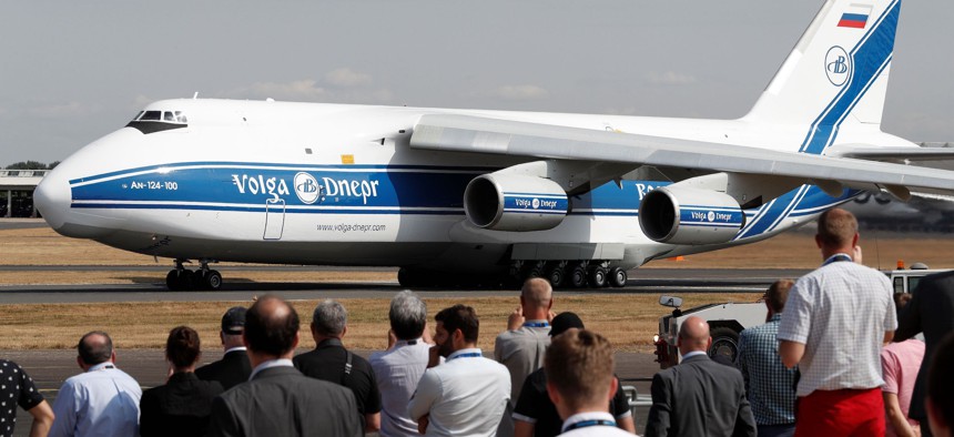 A Russian Antonov An-124 Ruslan cargo aircraft prepares for take off at the Farnborough Airshow, south west of London, on July 19, 2018.