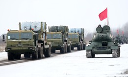  S-300 surface-to-air missile systems of the Russian Army St Petersburg Garrison are seen on Gorelovo Airfield during a rehearsal for a victory day parade in 2021. 