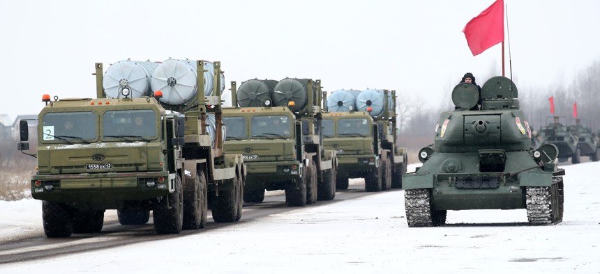  S-300 surface-to-air missile systems of the Russian Army St Petersburg Garrison are seen on Gorelovo Airfield during a rehearsal for a victory day parade in 2021. 
