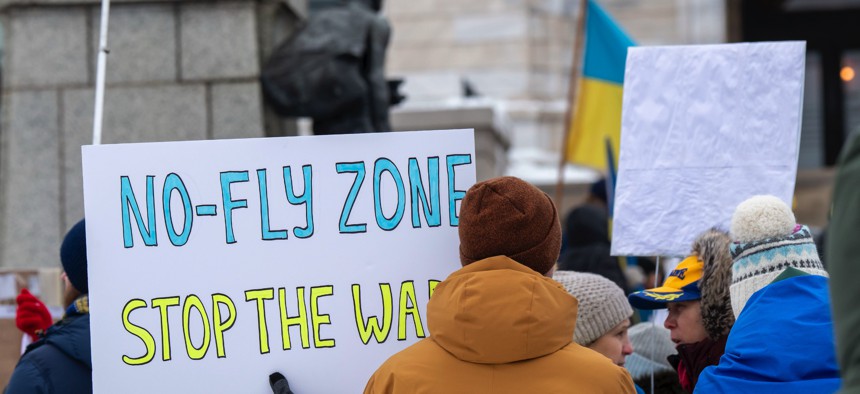Supporters of Ukraine gather in St. Paul, Minnesota, on March 6, 2022.