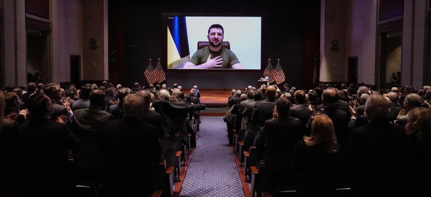 Ukrainian President Volodymyr Zelenskyy delivers a virtual address to Congress at the U.S. Capitol on March 16, 2022.