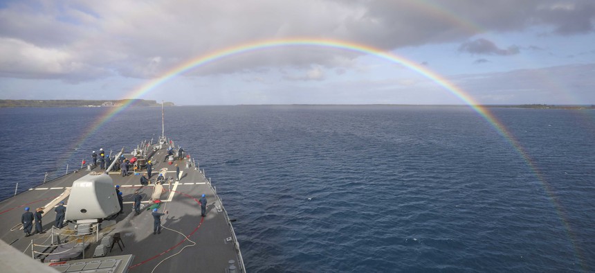 The Arleigh Burke-class guided-missile destroyer USS Higgins conducts routine operations in the Philippine Sea. 