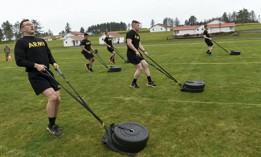 Oregon Army National Guard Spc. Wyatt Walls (left) takes part in the Army Combat Fitness Test (ACFT) during the 2022 Best Warrior Competition, March 17, at Camp Rilea near Warrenton, Ore.