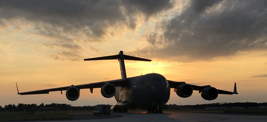 A C-17 Globemaster III assigned to the 305th Air Mobility Wing is parked on the flight line at Joint Base McGuire-Dix-Lakehurst, N.J., April 5, 2020.