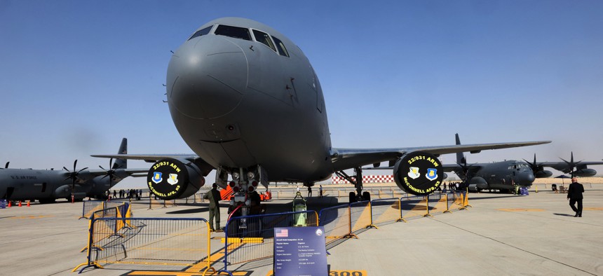 A Boeing KC-46 Pegasus sits on the tarmac at the 2021 Dubai Airshow.