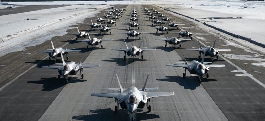 A formation of 42 F-35A Lightning IIs during a routine readiness exercise at Eielson Air Force Base, Alaska, March 25, 2022. 