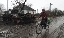 A destroyed armored vehicle is seen after Ukrainian soldiers retook the Chernihiv region from Russian forces on April 2, 2022.