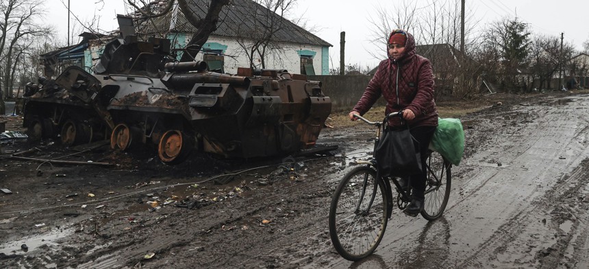 A destroyed armored vehicle is seen after Ukrainian soldiers retook the Chernihiv region from Russian forces on April 2, 2022.