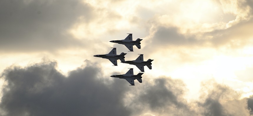 The U.S. Air Force Air Demonstration Squadron "Thunderbirds" fly over Shaw Air Force Base, South Carolina, March 31, 2022.