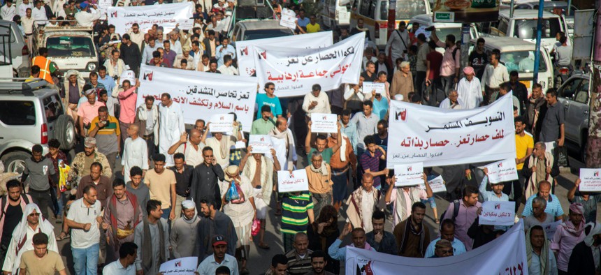Yemeni demonstrators protest against the armistice and call for the lifting of the siege on Taez governorate, on April 6, 2022.
