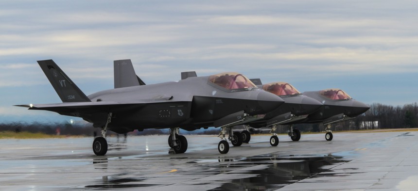 F-35s of the Vermont Air National Guard prepare for takeoff at Burling Air National Guard base in Vermont on April 13, 2022.