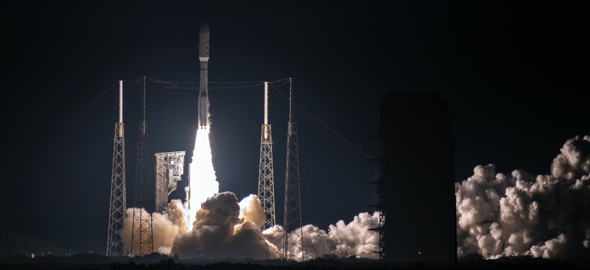 A United Launch Alliance Atlas V rocket lifts off Dec. 7, 2021, from Space Launch Complex 41 at Cape Canaveral Space Force Station, Fla. The rocket propelled two Department of Defense Space Test Program satellites into space.
