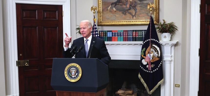U.S. President Joe Biden delivers remarks on Russia and Ukraine from the Roosevelt Room of the White House April 21, 2022.