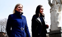Swedish Prime Minister Magdalena Andersson (L) welcomes Finnish Prime Minister Sanna Marin prior to a meeting on whether to seek NATO membership in Stockholm, Sweden, on April 13, 2022.