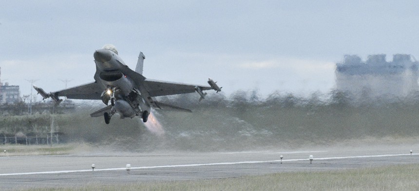 A F-16 Fighting Falcon takes off during a drill at an air base in Taitung City in southeast Taiwan in 2018. 