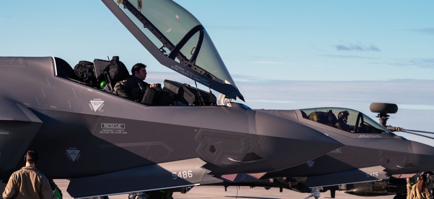 Two Air Force F-35 Lightning II aircraft assigned to the 48th Fighter Wing, Royal Air Force Lakenheath, England, arrive at Siauliai Air Base, Lithuania, Feb. 27, 2022, in support of NATO’s collective defense.