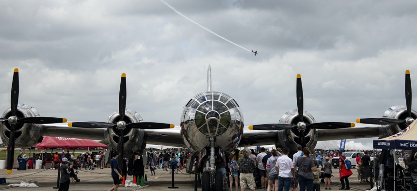 Visitors to The Great Texas Airshow tour the B-29 Superfortress static display Apr. 23, 2022, at Joint Base San Antonio-Randolph. 
