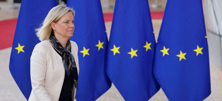 Sweden's Prime Minister Magdalena Andersson arrives for the second day of a European Union (EU) summit at the EU Headquarters, in Brussels on March 25, 2022. 