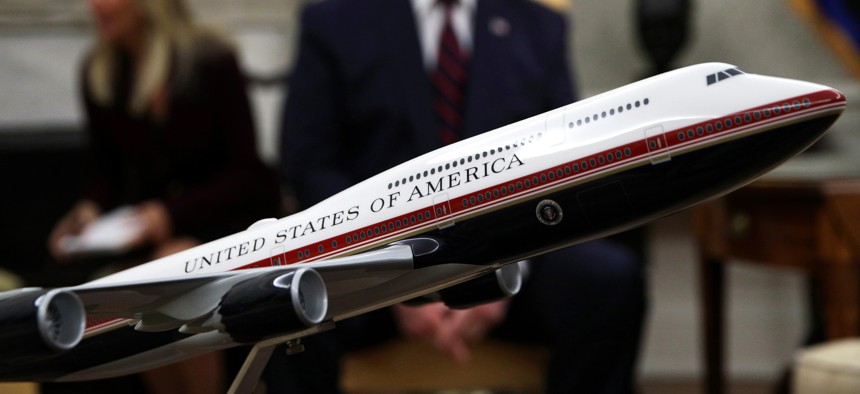 A model of the proposed paint scheme of the next generation of Air Force One is on display during a meeting between U.S. President Donald Trump and President Sergio Mattarella of Italy in the Oval Office of the White House October 16, 2019 in Washington, DC. 