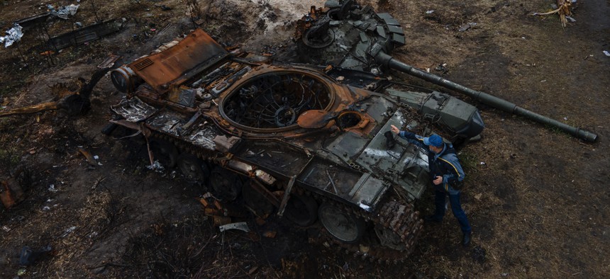 A destroyed Russian military tank in Dmytrivka, Ukraine, on April 21, 2022.