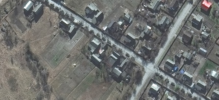 Satellite imagery from February 18th shows a Russian military convoy 17 miles from Kyiv, Ukraine