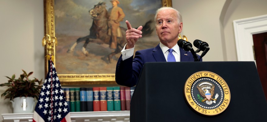 U.S. President Joe Biden gestures as he gives remarks on providing additional support to Ukraine’s war efforts against Russia from the Roosevelt Room of the White House on April 28, 2022, in Washington, D.C.