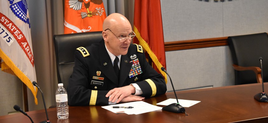 Army Deputy Chief of Staff G-6 Lt. Gen. John Morrison conducts a virtual mentoring session with high school students in February 2021.